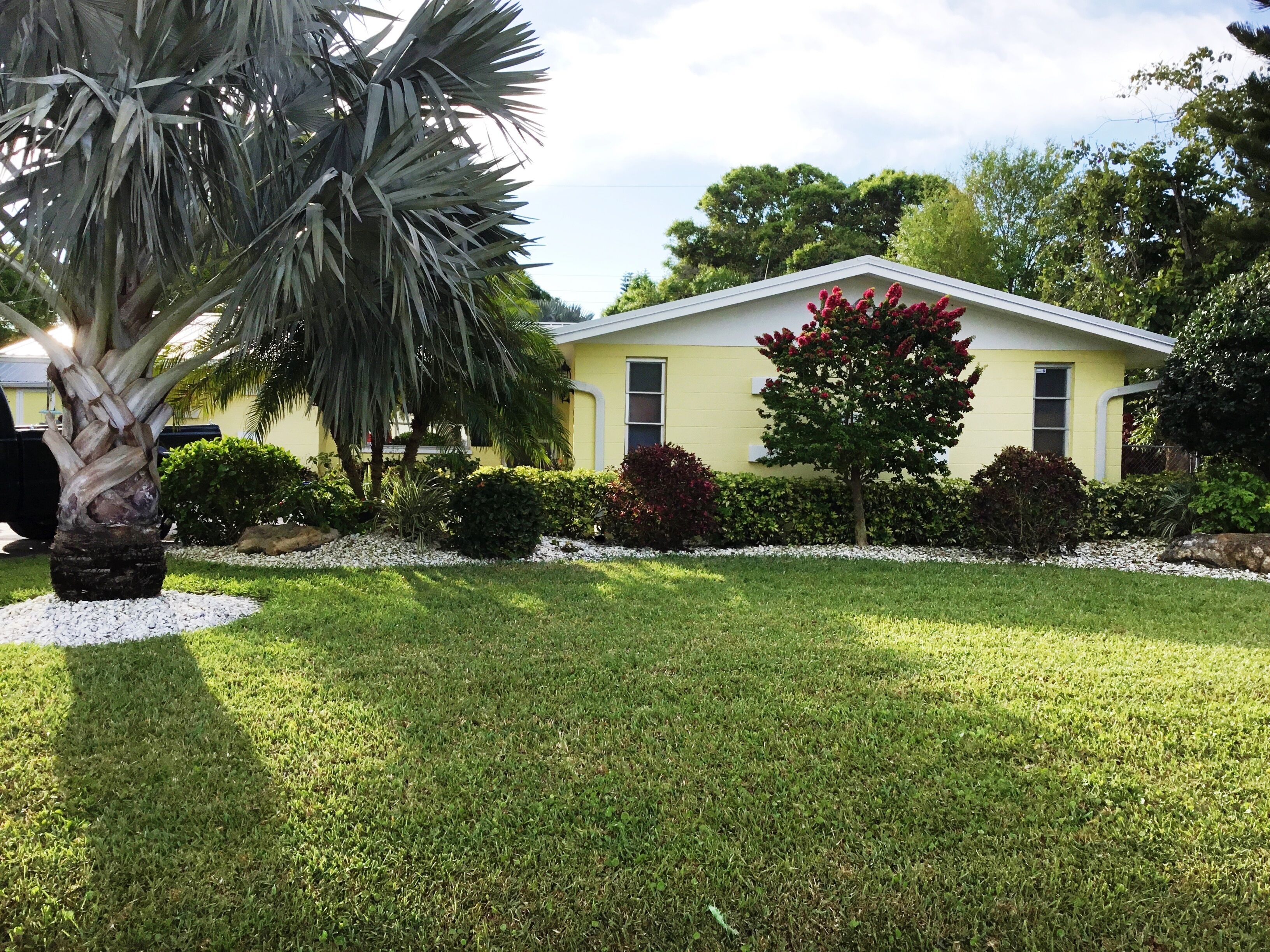 A yellow house with a well-maintained lawn and a palm tree in the foreground.