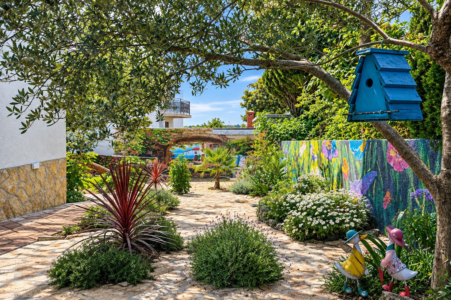 Un jardin avec un chemin de pierres, différentes plantes, une fresque colorée et une nichoir.