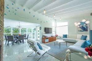 Smart TV, chimenea, libros