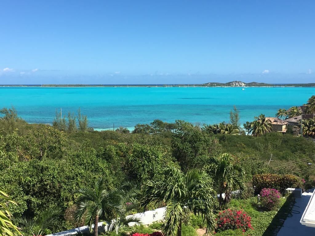 A coastal view with turquoise waters, dense greenery, and a distant island.