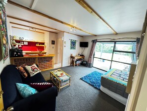 Flat-screen TV, DVD player, video library
