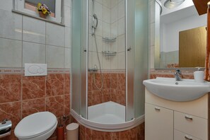 Shower, hair dryer, bidet, towels