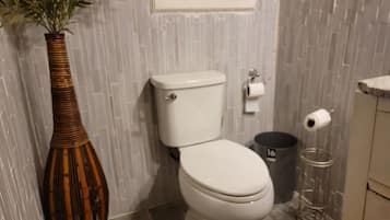 Shower, towels, soap, toilet paper
