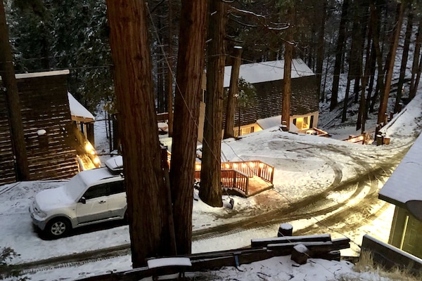 This picture shows both of our rental cabins and shop from our deck at our cabin