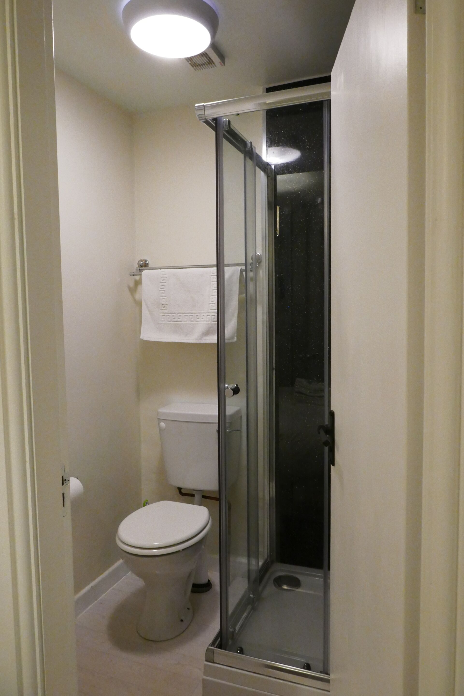 A bathroom with a toilet, a glass-enclosed shower, and a towel rack.
