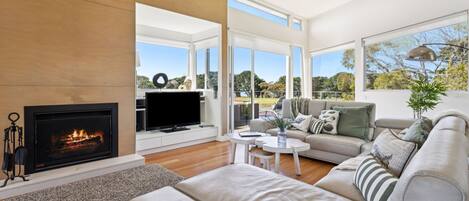 Una televisión, una chimenea, un reproductor de DVD