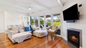 テレビ、暖炉、DVD プレーヤー