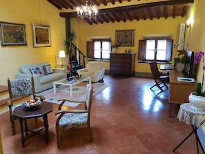 TV, caminetto, libri