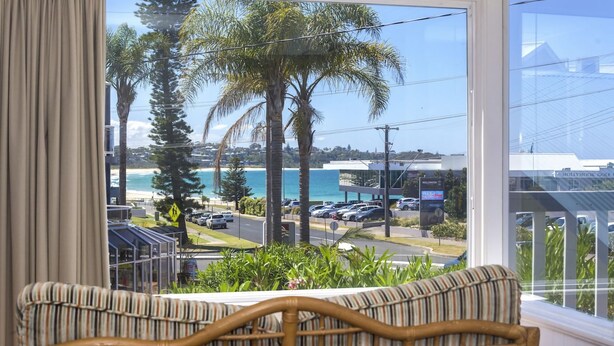 A room with a view of a beach, palm trees, and parked cars. - Surf & Turf Retreat in Mollymook (Mollymook)