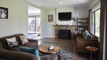 Smart TV, fireplace, DVD player, books