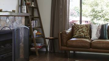 Smart TV, fireplace, DVD player, books