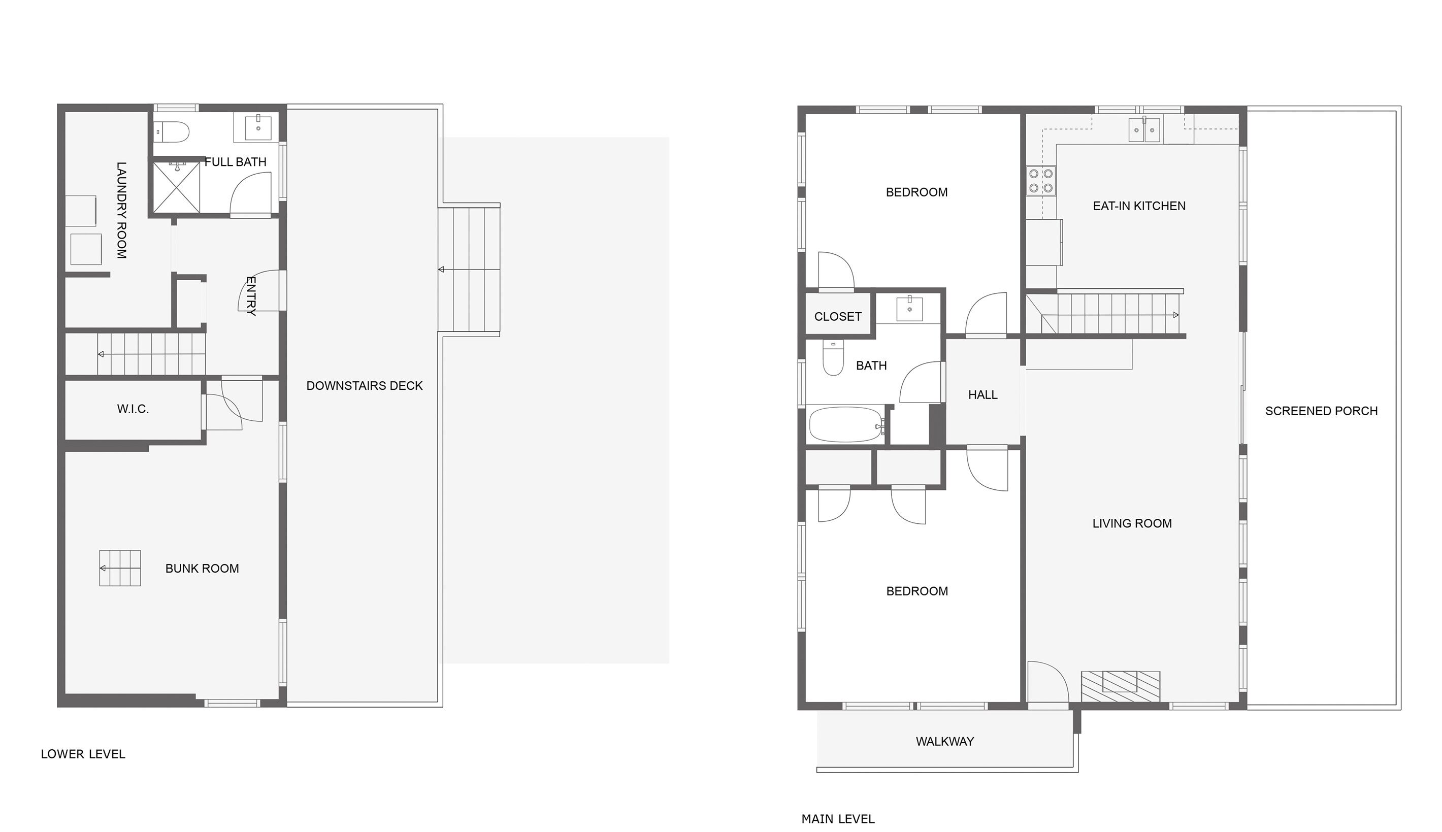 Planta baixa de um hotel com dois níveis: um principal e um inferior. O andar principal inclui sala de estar, varanda com proteção, quarto, banheiro e uma cozinha pequena. O andar inferior possui lavanderia, banheiro completo, entrada e um dormitório com beliches.