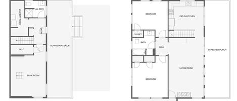 Planta baixa de um hotel com dois níveis: um principal e um inferior. O andar principal inclui sala de estar, varanda com proteção, quarto, banheiro e uma cozinha pequena. O andar inferior possui lavanderia, banheiro completo, entrada e um dormitório com beliches.