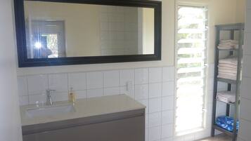 Shower, hair dryer, towels, soap