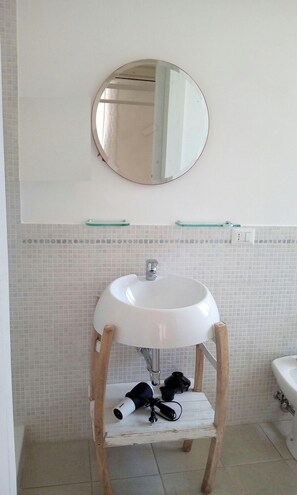 Bathtub, hair dryer, bidet, towels