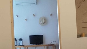 Une pièce avec un lit, un téléviseur posé sur un meuble en bois et trois plantes encadrées accrochées au mur.