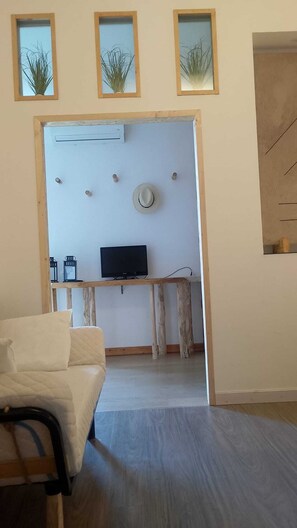 A room with a bed, a TV on a wooden stand, and three framed plants on the wall.