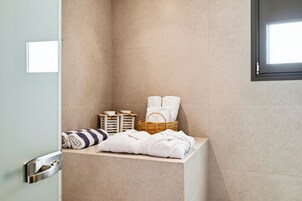 Un baño con zona de ducha, un perchero, un cesto y un dispensador de toallas.