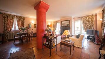 Smart TV, fireplace, DVD player, books