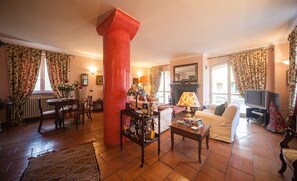 Smart TV, chimenea, reproductor de DVD y libros