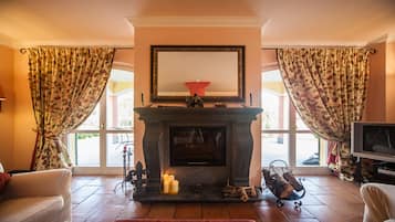 Smart TV, caminetto, lettore DVD, libri