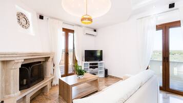 Flat-screen TV, fireplace, video-game console, DVD player