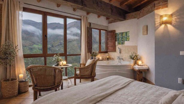 A bedroom with a large bed, a sitting area with chairs, a bathtub, and a view of mountains through large windows. - Rural apartment L'Arboleu de Traspeña for 2 people (Proaza)