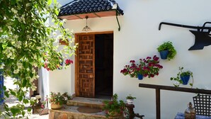 Una casa tradicional con puerta de madera, escalones de piedra y macetas con plantas.