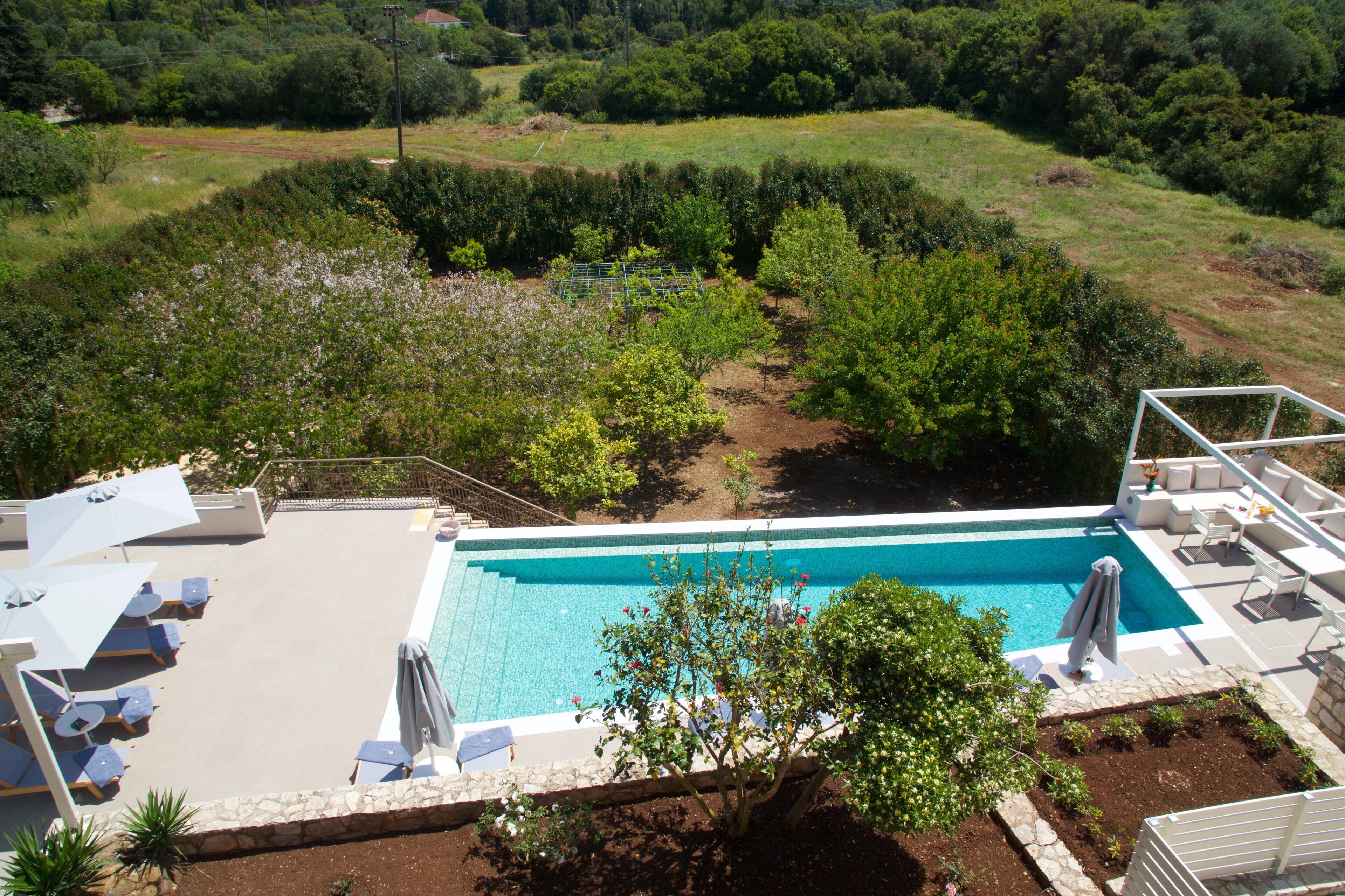 A swimming pool with lounge chairs and umbrellas, surrounded by landscaped gardens and trees.