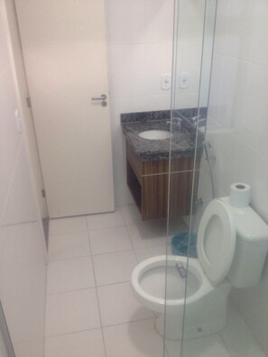 Shower, towels, soap, toilet paper