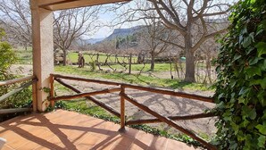 A covered patio with a tiled floor, a wooden railing, and a view of a vineyard and trees.