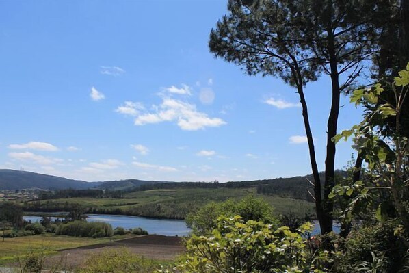 A scenic view of a lake surrounded by hills and trees.