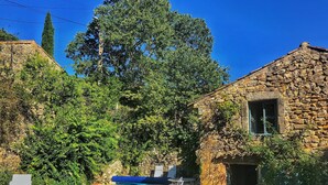 A stone building with a pool, surrounded by lush greenery and trees.