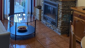 Un salón con chimenea, una mesa de vidrio con un tazón, y vista a una terraza de madera a través de un vidrio.