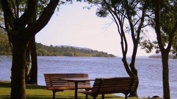 A bench by a lake with trees around.