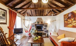 Una televisión, una chimenea, un reproductor de DVD