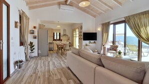 Un'ampia zona giorno con divano, tavolo da pranzo e cucina sullo sfondo.