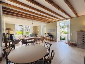 Fireplace, books, stereo, printers