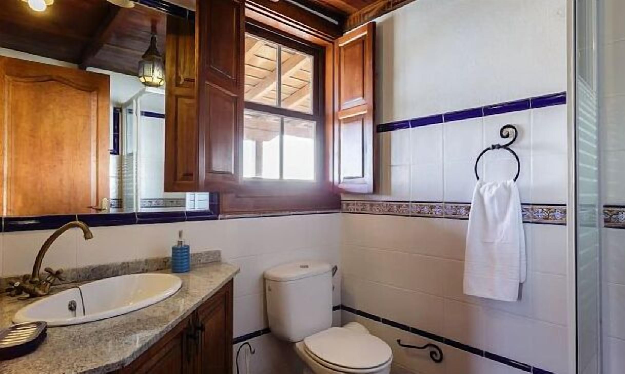 Een badkamer met een wastafel, toilet en een handdoekhouder.
