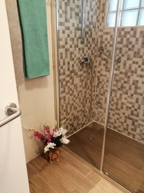 Douche, sèche-cheveux, serviettes fournies, savon