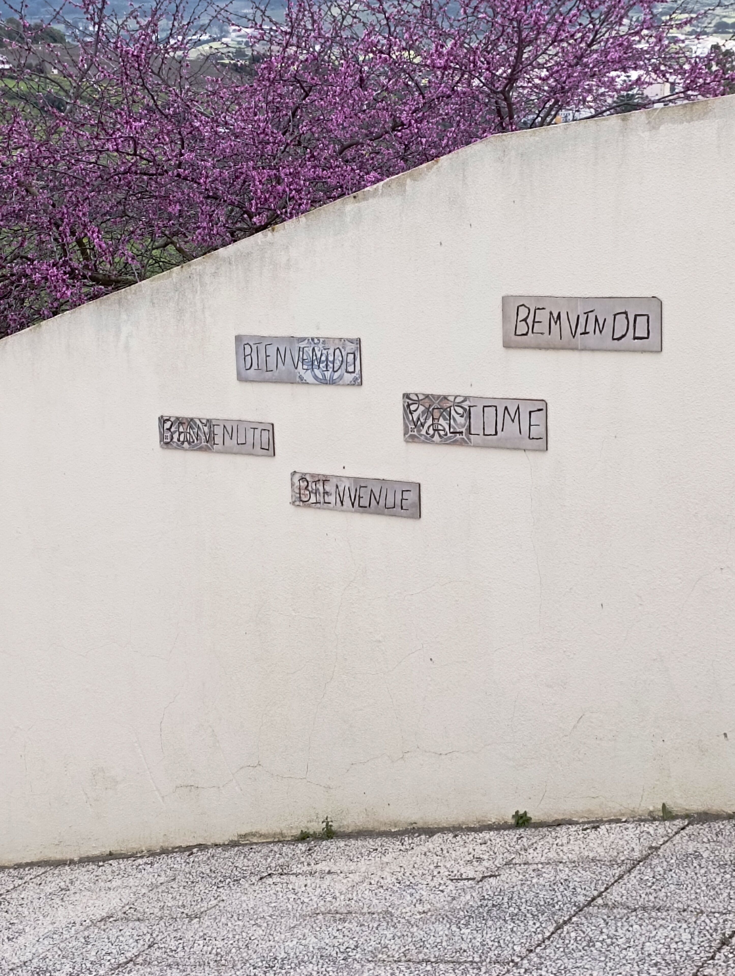 A wall with several welcome signs in different languages.