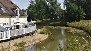 Una casa con un patio affacciato su uno stagno, circondata da alberi.