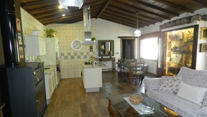 A spacious living area with a wooden ceiling, a dining table with chairs, a sofa, and a kitchen area with a refrigerator and stove.