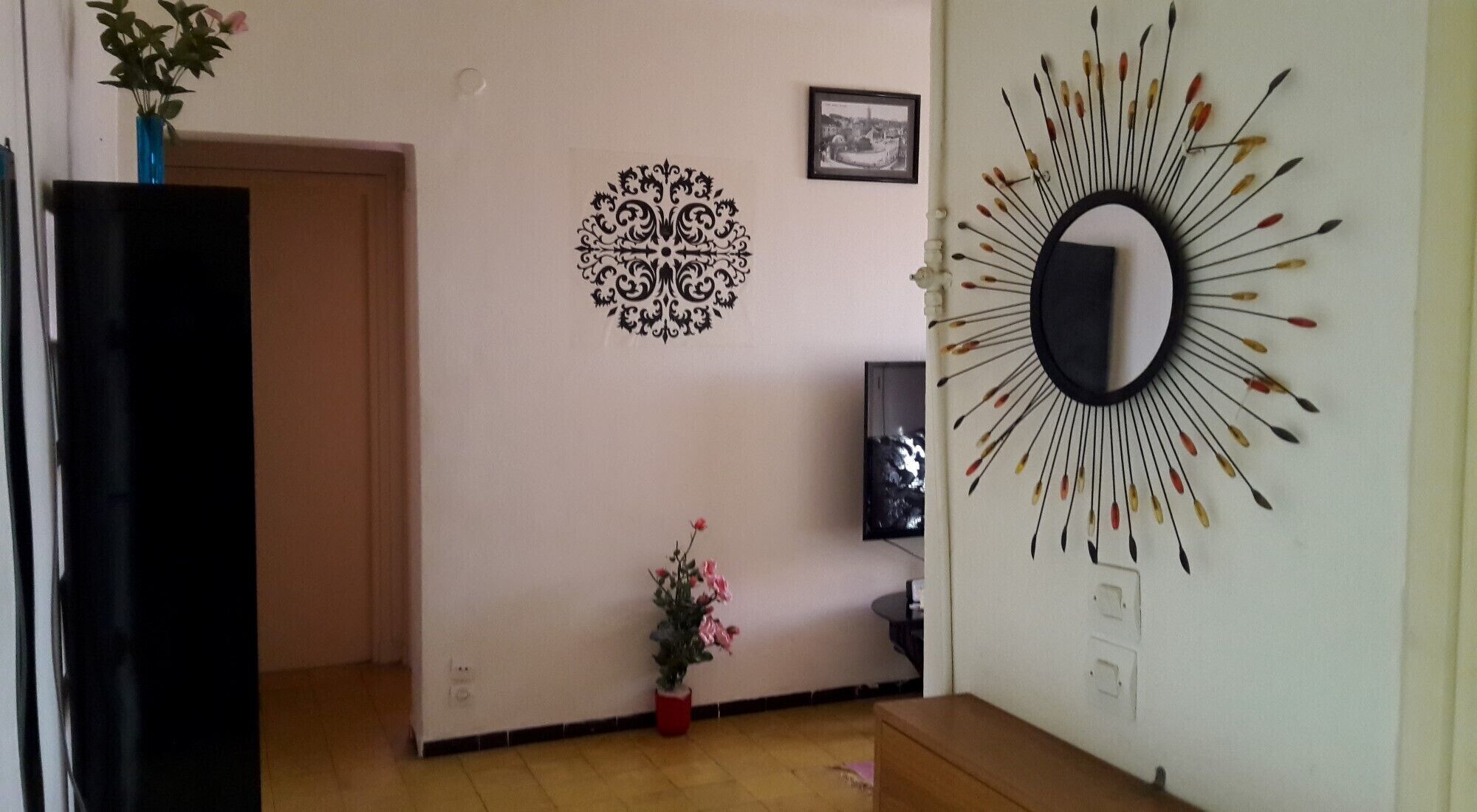 Une pièce avec un plancher en bois, une porte, un miroir décoratif fixé au mur, un tableau encadré et une plante en pot.