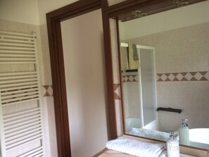 Combined shower/tub, hair dryer, bidet, towels