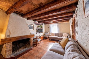 Een televisie, een open haard, een tafeltennistafel en boeken