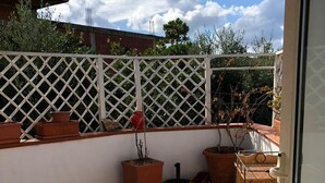 A sunlit patio with terracotta tiles, a white lattice fence, and several potted plants.