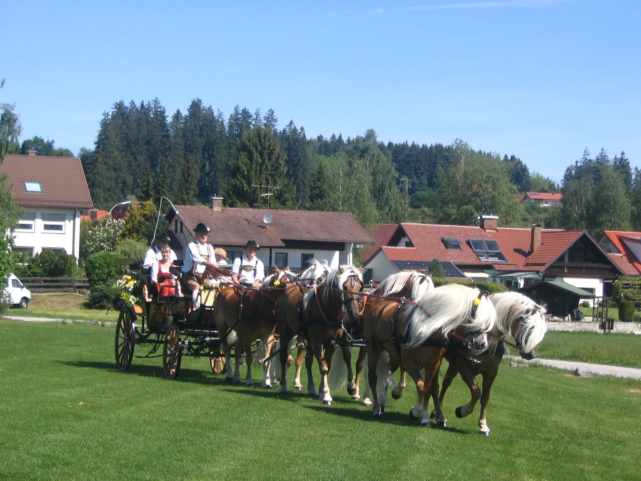 Un carruaje tirado por caballos con pasajeros, frente a un fondo de casas y árboles.