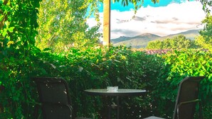 Un espace extérieur aménagé avec deux chaises et une table, entouré d’une végétation luxuriante et offrant une vue sur des montagnes lointaines.