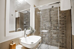 Shower, hair dryer, bidet, towels